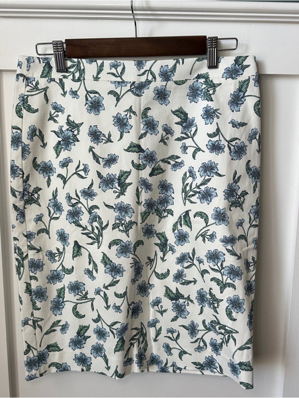 J. Crew Cream Floral Pencil Skirt with Blue and Green Print